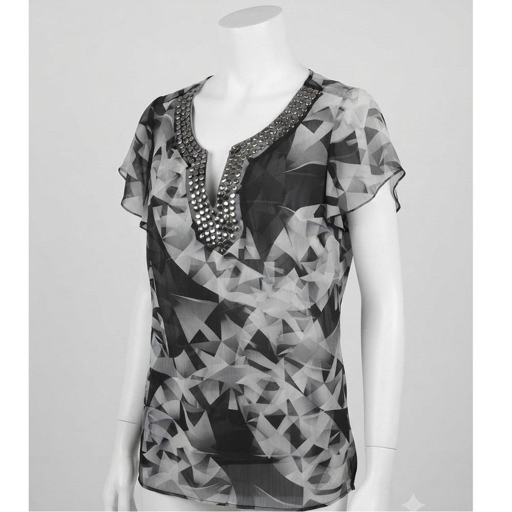 AGB Womens Geometric Edgy‎ Print Studded V-Neck Chiffon Blouse Black Gray Small